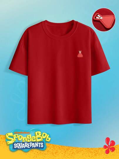 SpongeBob SquarePants | SHEIN Men's Casual Solid Color Round Neck Cartoon Patch Short Sleeve T-Shirt