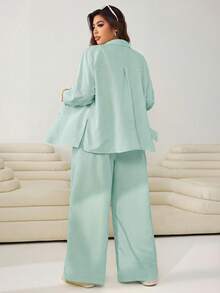 SHEIN EZwear 大码休闲条纹长袖衬衫套装 - 綠色 - 查看 2