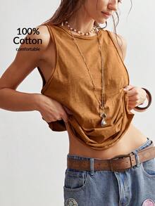 Bohemela Camiseta sin espalda de punto de unicolor para mujer, adecuada para vacaciones de primavera/verano - Marrón - Ver 4