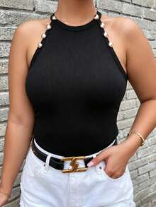 SHEIN LUNE كاميسول وتوب بدون أكمام بياقة دائرية أنيق باللون الأسود مقاسات كبيرة للربيع والصيف والخريف - الأسود - مشاهدة 3