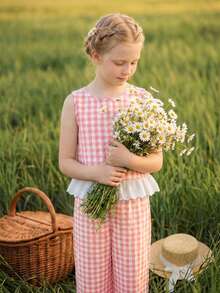 Emery Rose Kids Emery Rose Kids Bộ áo hai dây kẻ caro viền ren và quần dài kiểu dáng thường ngày cho bé gái tuổi teen. - Hồng - Xem 2