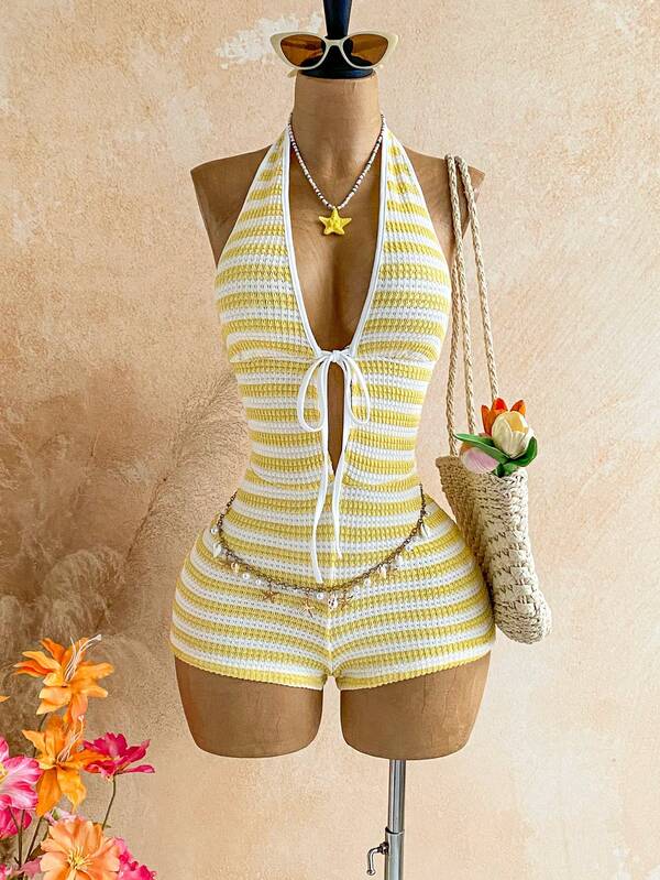 Soleia Bộ áo liền quần buộc dây phía trước kẻ sọc hai màu mới, phong cách Bohemian, Boho, lãng mạn với họa tiết hoa, thích hợp cho kỳ nghỉ, tiệc tùng, hẹn hò, ngày Valentine, lễ Phục sinh, lễ hội, tiệc trà chiều, đi biển, du thuyền, kỳ nghỉ thành phố.