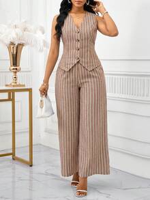 SHEIN Lady 女士夏季休闲通勤条纹背心和裤子两件套 - 摩卡棕 - 查看 1