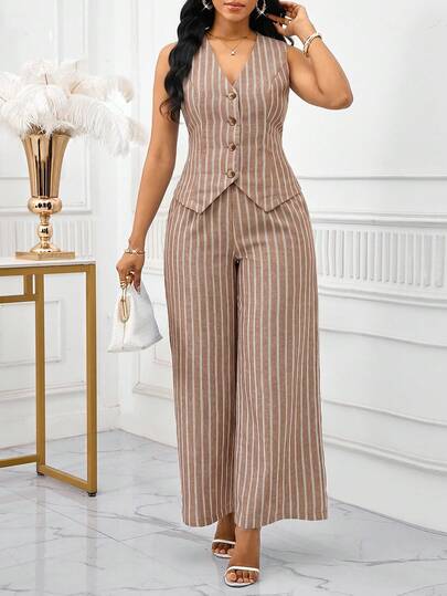 SHEIN Lady Women's Summer Casual Commuting Striped Vest And Pants 2 Pieces Set