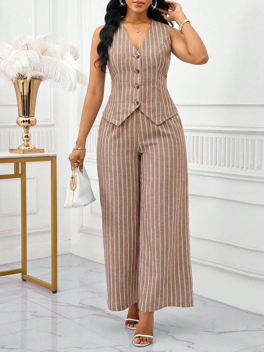 SHEIN Lady 女士夏季休闲通勤条纹背心和裤子两件套 - 摩卡棕 - 查看 1
