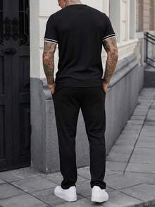 Manfinity CasualCool Men's Black Ribbed Knit 2 Piece Set,Short Sleeve T-Shirt & Pants Outfits,Casual Summer Holiday Old Money Style,Stylish Y2k Vintage Gift For Husband - Black - View 2
