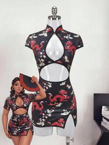 Fantasy Costume Fantasy Costume Đầm liền thân khoét lỗ họa tiết hoa và rồng dành cho nữ - màu đen - Xem 6