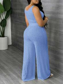 Slaydiva Plus Size Solid White Long Casual Vest And Wide Leg Pants 2 Pieces Set, Spring/Summer - Baby Blue - View 2