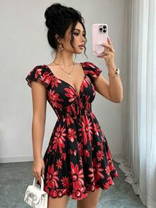 Elenzga Đầm mini nữ thanh lịch, thời trang, thoải mái, quyến rũ, cổ điển, tối giản, cao cấp, lãng mạn, thích hợp cho kỳ nghỉ hè, hở lưng, tay bồng xếp ly, thắt eo chéo, dáng chữ A, họa tiết hoa nhuộm tie-dye (Họa tiết ngẫu nhiên) - màu đen - Xem 6