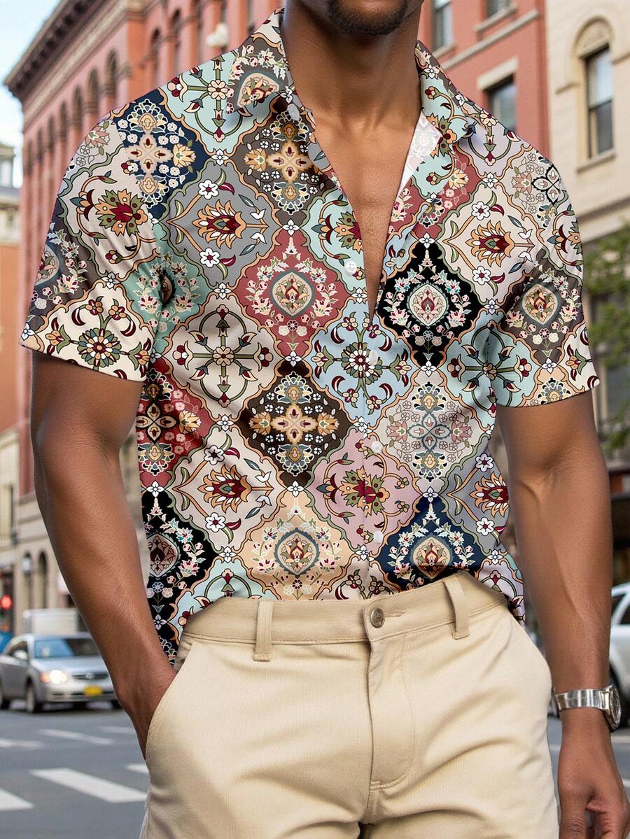 Azurnel Persian Carpet Pattern Fashion Casual All-Over Print Men's Standard Fit Short Sleeve Polo Shirt - Multicolor - View 1