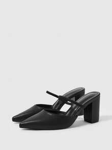 Sleekvia Women's New Chunky Heel Pointed Toe High Heels, PU Material, Simple Commuter Style - Black - View 5