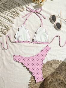 Swim Mod Women's Solid Color High Elasticity Frill Trim Bikini Set, Vacation - Pink - View 2