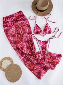 Bonvoyette Nuevo conjunto de 3 piezas de bikini con estampado floral tropical, falda envolvente maxi, conjunto sexy para vacaciones en la playa, primavera/verano - Multicolor - Ver 4