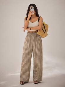 SHEIN PETITE 女款高腰棕色條紋寬腿褲，夏季波希米亞度假休閒穿搭，休閒垂直條紋舒適直筒長褲，適合嬌小女性 - 杏色 - 查看 4