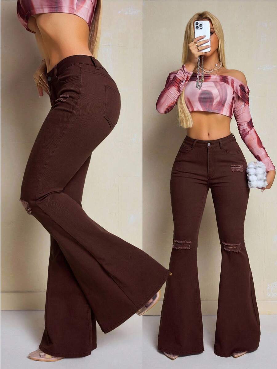 SHEIN SXY Women's Solid Color Front Button Pocket Ripped Casual Denim Jeans - Coffee Brown - View 1