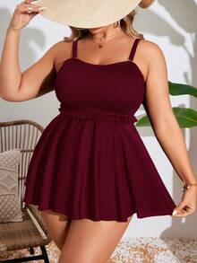 SHEIN Swim Curve 大尺碼女款純色細肩帶分體式比基尼泳衣套裝 2 件組，休閒度假風 - 酒紅色 - 查看 4