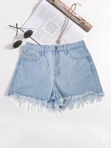 SHEIN PETITE Damen Hellblaue Denim Shorts mit ausgefranstem Saum, Sommer, Petite Frauen - Helle Waschung - Übersicht 4