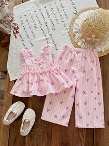 SHEIN Bộ áo hai dây và quần kẻ sọc vàng trắng dễ thương cho bé gái sơ sinh, thích hợp mặc đi nghỉ mát. - Nhiều màu - Xem 2