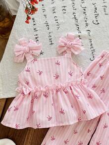 SHEIN Bộ áo hai dây và quần kẻ sọc vàng trắng dễ thương cho bé gái sơ sinh, thích hợp mặc đi nghỉ mát. - Nhiều màu - Xem 3