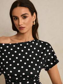 Poéselle Women's Polka Dot Print Asymmetric Shoulder Short Sleeve Fashionable T-Shirt - Black - View 5