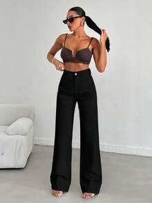 SHEIN بنطال جينز أسود عادي الخصر مرتفع القصة الكاجوال، غسيل عادي، قصة مستقيمة، أمامي بأزرار - الأسود - مشاهدة 6