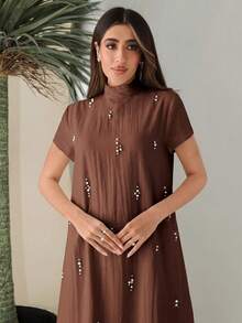 Al Najma Women's Solid Color Faux Pearl Collar Elegant Short Sleeve Arabic Style Dress - Coffee Brown - View 5