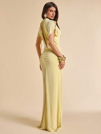SHEIN BAE New Summer Item: Yellow Ruffle Sleeve Elegant Dress. Suitable For Beach Vacation, Beach Travel, Beach Party, Date, Nightclub, Outing, Party, Music Festival, Brunch And Other Occasions.
