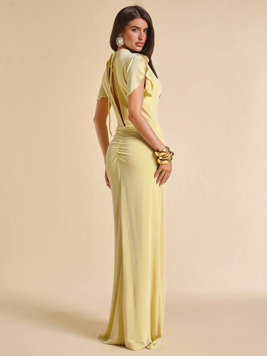 SHEIN BAE Sản phẩm mới mùa hè: Đầm vàng tay bồng thanh lịch. Thích hợp cho kỳ nghỉ biển, du lịch biển, tiệc biển, hẹn hò, hộp đêm, dã ngoại, liên hoan âm nhạc, bữa ăn trưa và các dịp khác. - Vàng nhạt - Xem 1