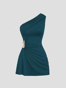 Sweetra Petite Women's Sexy Asymmetric Shoulder Ruched Waist Fitted Mini Dress With Metal Buckle Decor, Spring/Summer - Teal Blue - View 1