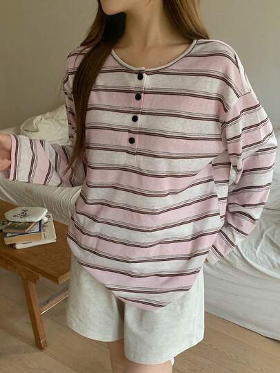 DAZY Women's Striped Round Neck Long Sleeve Top And Shorts Casual Loungewear Set