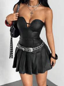 Jeanoix Y2K Sexy Women's Coated Mini Pleated Dress Night Out Black Summer - Black - View 4