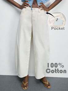 SHEIN PETITE Pantaloni in denim bianchi a vita alta per donne PETITE, pantaloni casual da tutti i giorni & streetwear estivi per donne, pantaloni in denim a gamba larga, streetwear estivo & outfit per uscire - Bianco - Visualizzare 3