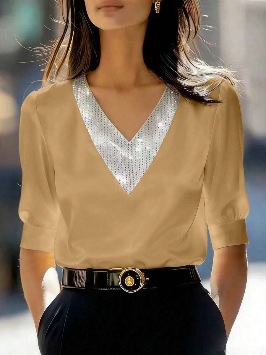 SHEIN 新款春夏时尚甜美V领拼接串珠轻盈奢华修身休闲女式衬衫 - 杏色 - 查看 1