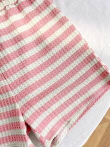 SHEIN 2pcs/Set Tween Girls Pink Striped Drop Shoulder Top And Tie-Waist Shorts, Casual Outfit - Pink - View 6