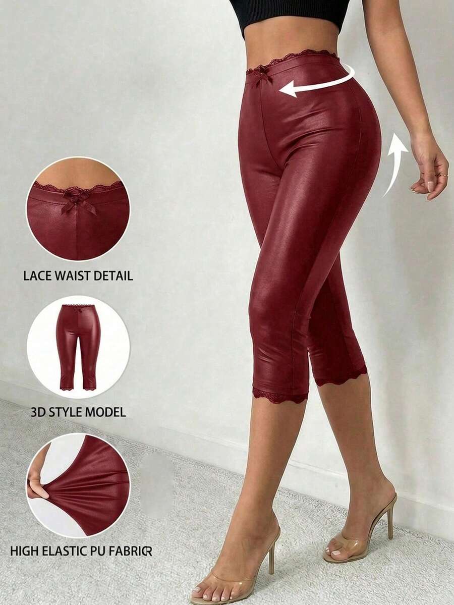 SHEIN SXY 蕾丝边饰红色仿皮拼接修身七分裤 - 紅色 - 查看 1