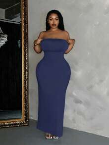Slaydiva Slayr Plus Gaun Bodycon Kasual Elegan Warna Polos dengan Kantong untuk Wanita Ukuran Plus - Navy Blue - View 3