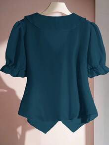 SHEIN Clasi Plus Size Summer Casual Solid Color Elegant Ruffle Asymmetric Hem Blouse - Teal Blue - View 2
