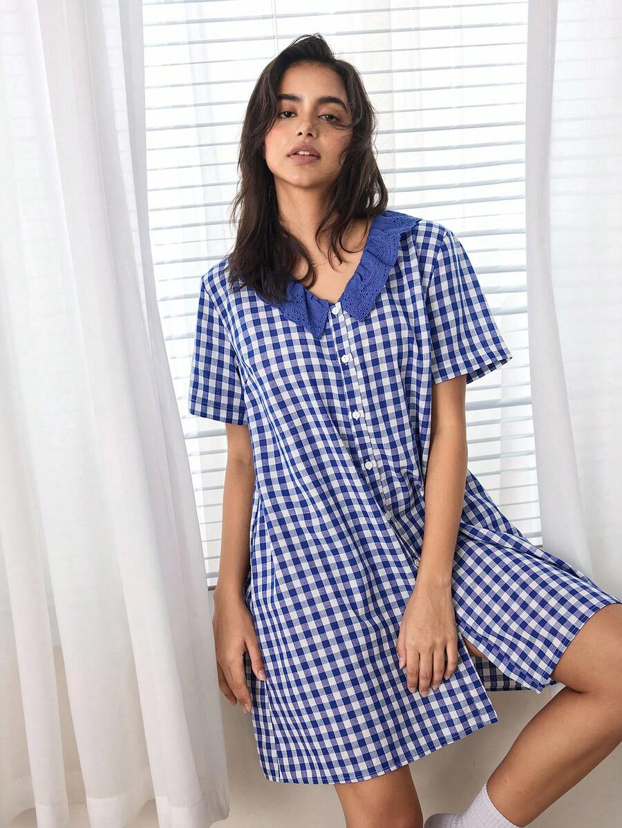 Ocili Áo ngủ ngắn tay, chất liệu cotton kẻ caro, thoải mái, thêu hoa tự nhiên, kiểu gingham, cài cúc phía trước, dành cho nữ. - Màu xanh lam - Xem 1