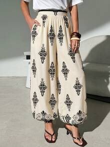 Lavishia Pantalones casuales y holgados con estampado total para vacaciones de mujer - Blanco y Negro - Ver 3