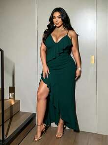 NU&NOW Plus Size Spaghetti Strap High Slit Ruffle Hem Red Party Dress - Green - View 4