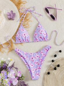 SHEIN Swim 2026春夏新款花卉印花性感露背掛脖綁帶比基尼兩件式泳衣套裝 - 淡紫色 - 查看 6