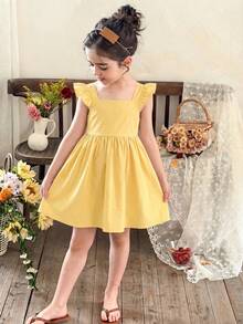 LMoss Kids Young Girl Woven Solid Color Square Neck Ruffle Hem Casual Dress - Yellow - View 4