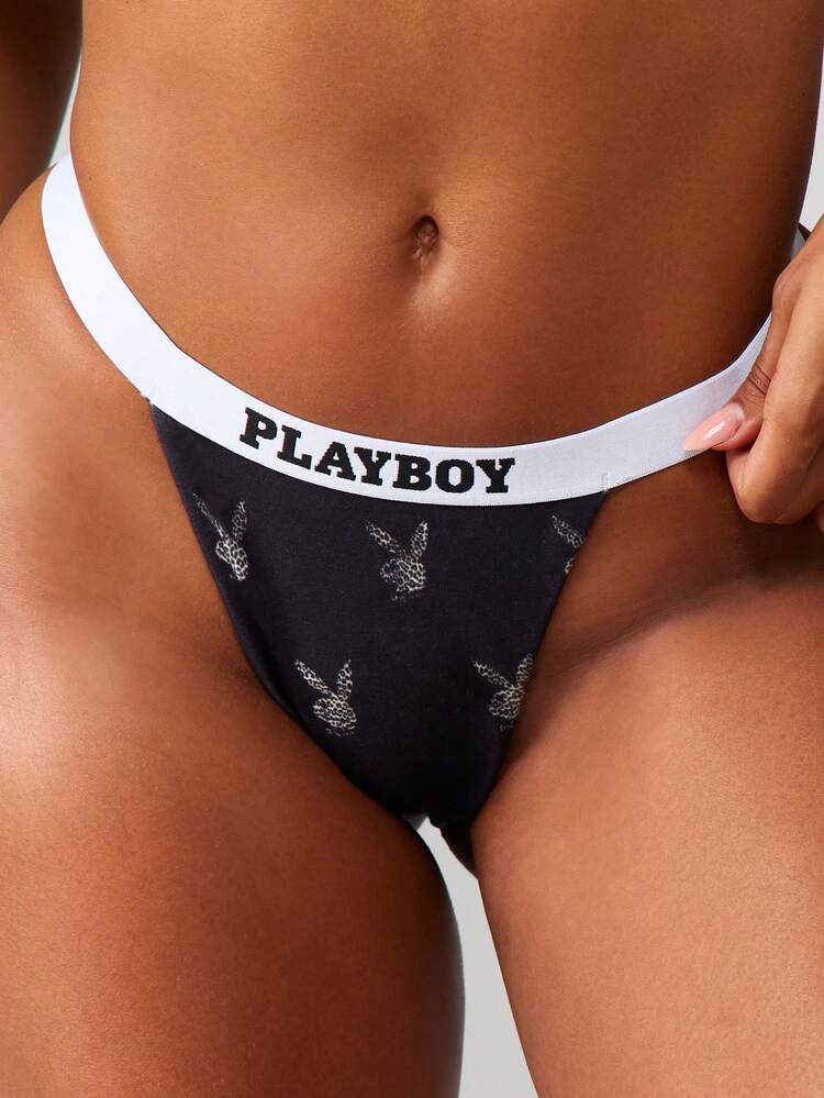 Missguided x Playboy Triangle Bralette And Matching Panty With Bunny Print