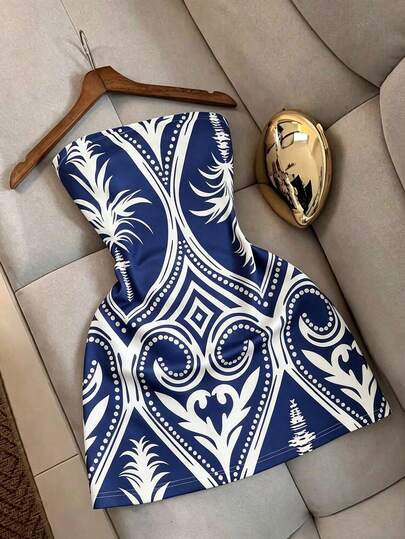 Franclia Sexy Fitted Printed Bandeau Mini Dress, Casual Beach Holiday Travel Dress For Women