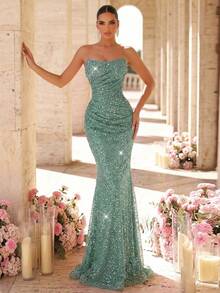 Glamrae Elegant Luxurious Beaded Sequin Ruched Mermaid Hem Dress, Suitable For Weddings, Parties, Vacations, Galas, Formal Occasions (Heavily Embellished) - Green - View 1