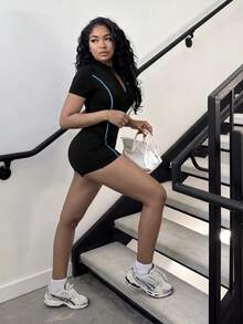 Alexandranx Jumpsuit ôm sát in họa tiết khóa kéo phong cách thể thao cho nữ, màu đen, mùa hè - màu đen - Xem 3