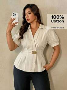 Auralis Beige Summer Smart Casual Office Bussines Formal Plus-Size Puff-Sleeved Fitted Pleated A-Line Metal-Buttoned Shirt Elegant Women Tops Teachers' Day - Apricot - View 4