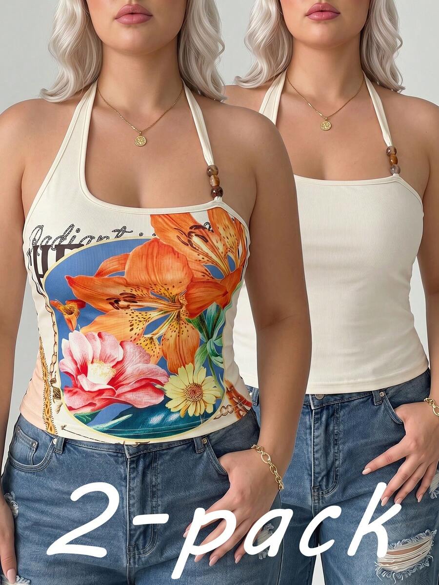 SHEIN MOD 大码女式花卉印花串珠装饰两件套露背上衣 - 彩色 - 查看 1