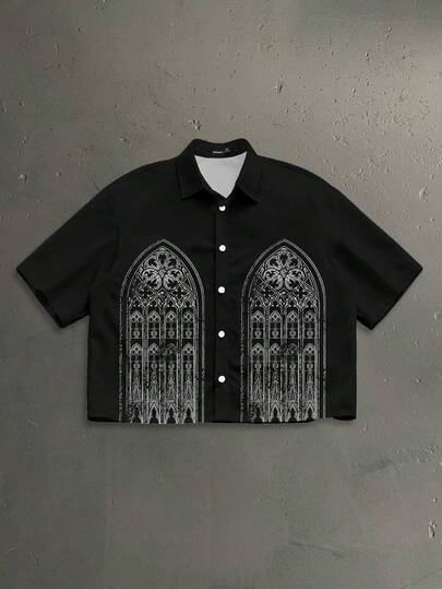 StoneGrade Retro American Arched Black & White Glass Print Oversized Cropped Short Sleeve Shirt, Fashionable Casual Outfit For Dates And Gatherings, Ideal Gift For Boyfriend
