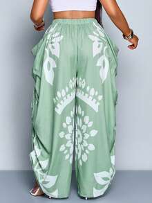 SOLERSUN 大码女式印花褶皱抽绳腰休闲宽松阔腿裤，多口袋设计，简约百搭，适合日常通勤、休闲场合、海滩、野餐等，秋冬季节皆宜。 - 綠色 - 查看 4